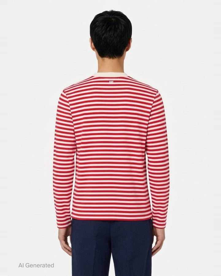 Ami Paris long sleeve crew neck tee in black and ivory horizontal Breton stripes with tonal Ami de Cœur chest logo embroidery - back
