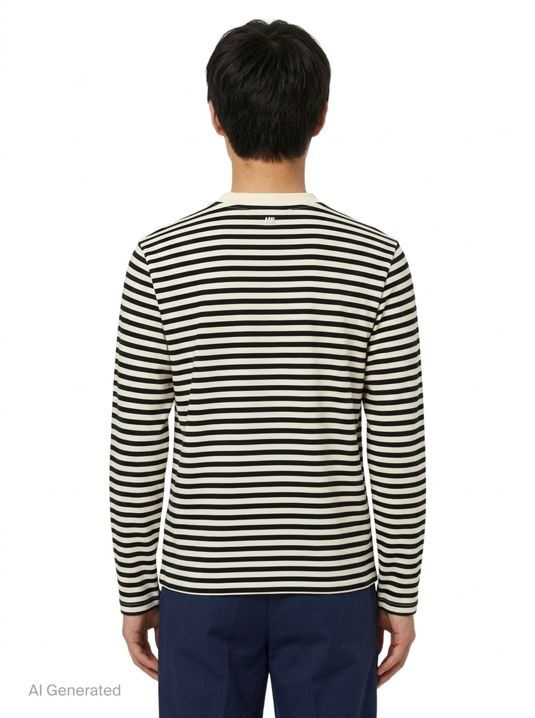 Ami Paris long sleeve crew neck tee in black and ivory horizontal Breton stripes with tonal Ami de Cœur chest logo embroidery - back