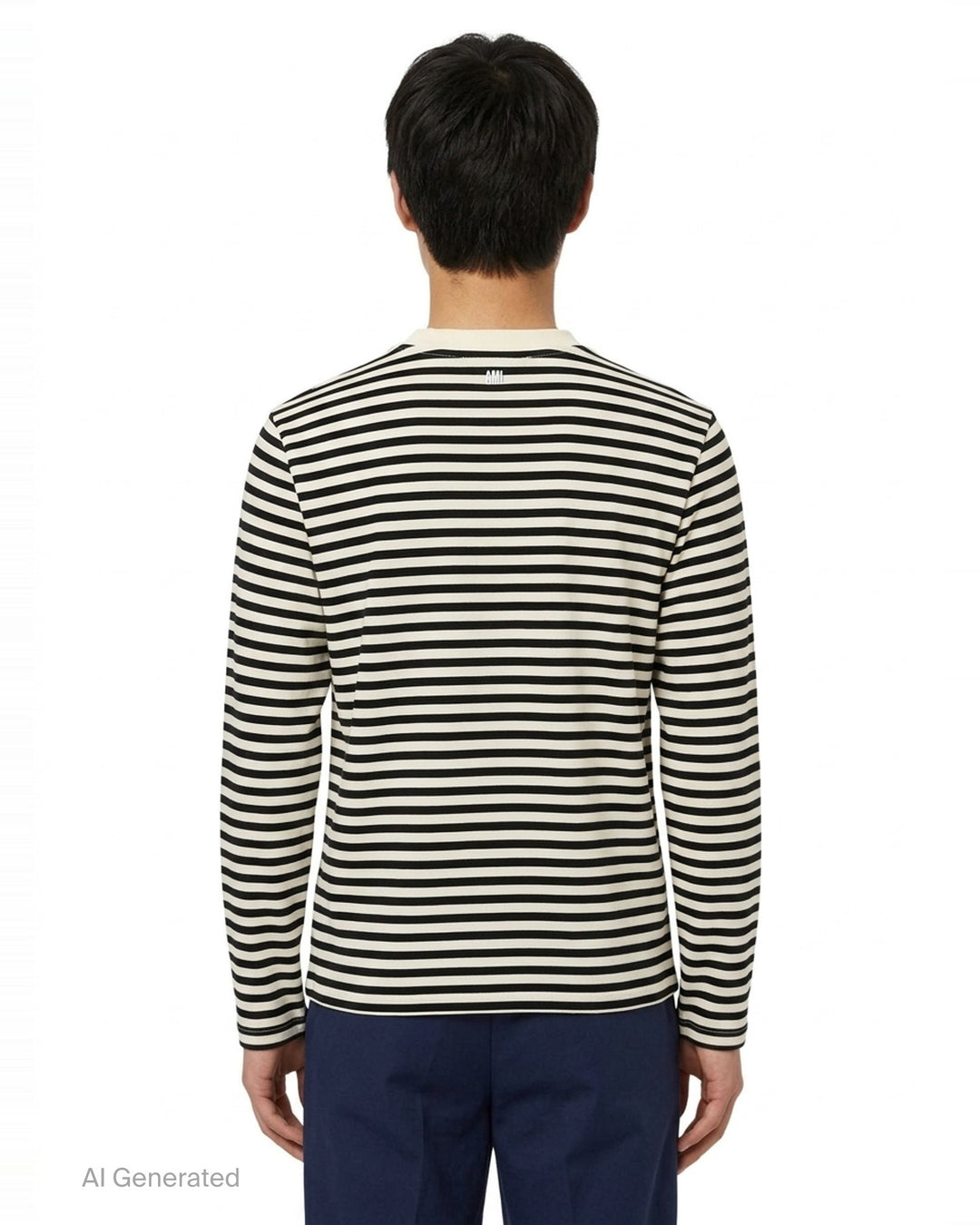 Ami Paris long sleeve crew neck tee in black and ivory horizontal Breton stripes with tonal Ami de Cœur chest logo embroidery - back