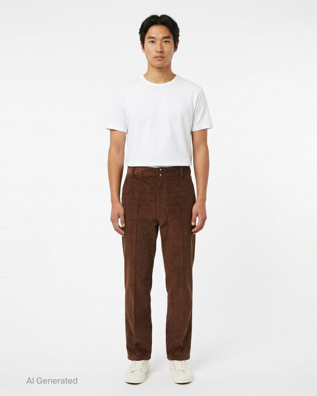 AMI Parisian Fit Trousers in brown fine-wale corduroy with a straight leg silhouette, structured waistband and twin button fastening, front view on white background - front