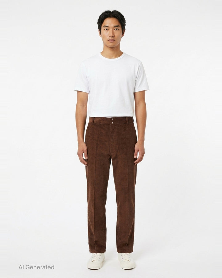AMI Parisian Fit Trousers in brown fine-wale corduroy with a straight leg silhouette, structured waistband and twin button fastening, front view on white background - front
