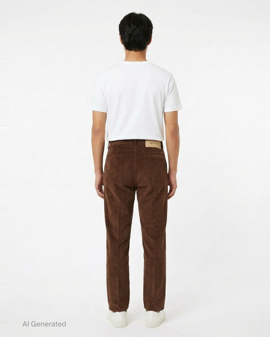 AMI Parisian Fit Trousers in brown fine-wale corduroy with a straight leg silhouette, structured waistband and twin button fastening, front view on white background - back