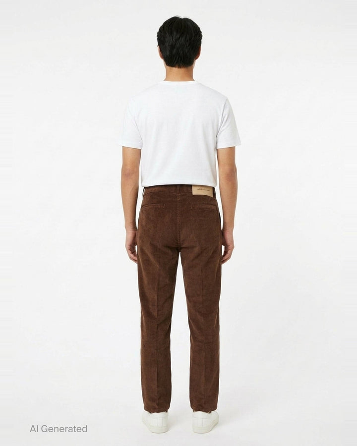 AMI Parisian Fit Trousers in brown fine-wale corduroy with a straight leg silhouette, structured waistband and twin button fastening, front view on white background - back