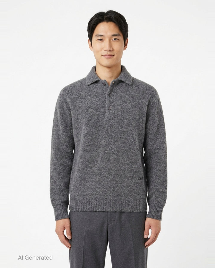 AMI grey bouclé knit polo sweater with spread collar, three-button placket, and ribbed cuffs, displayed on a flat ghost mannequin - front