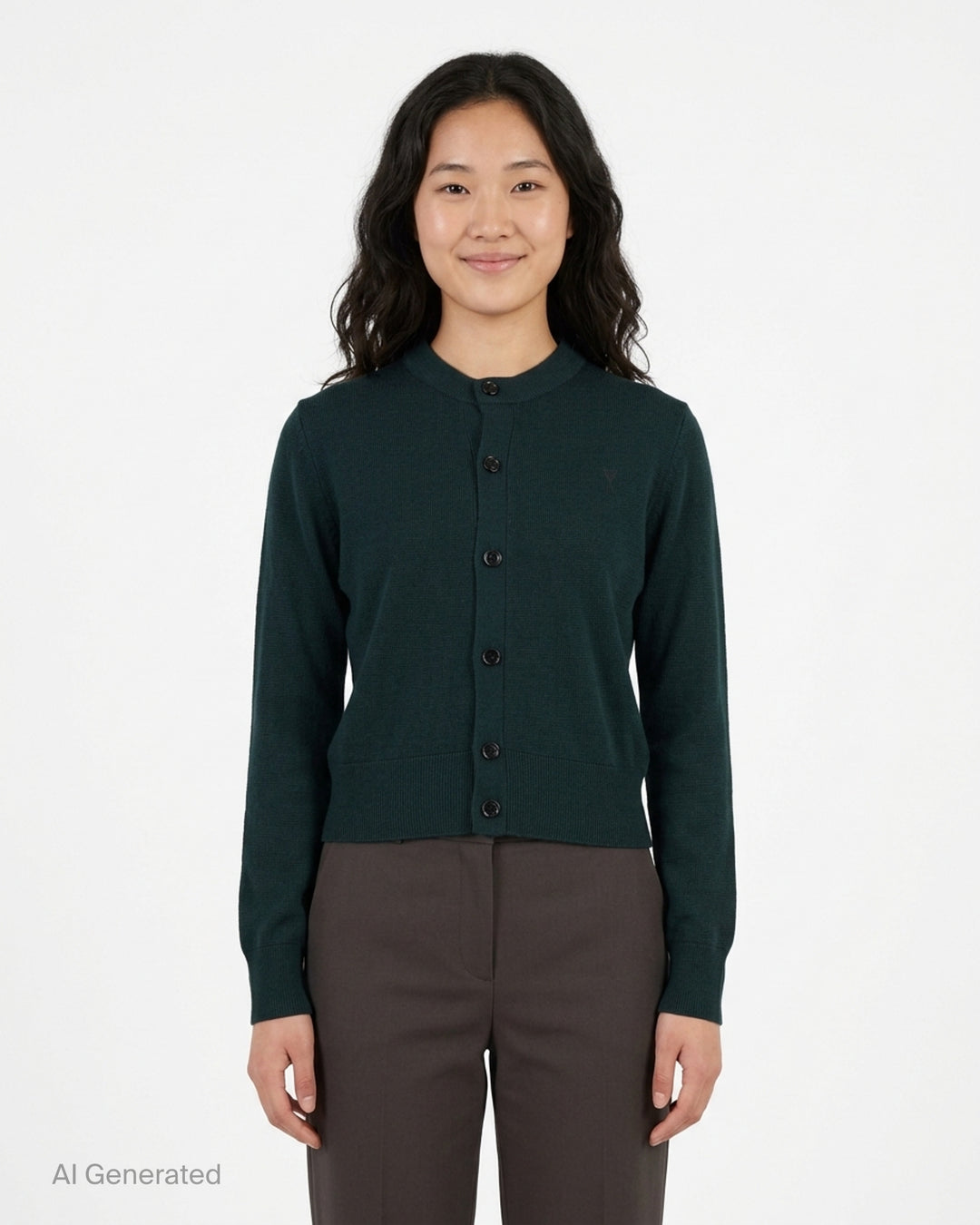 AMI Quota crewneck cardigan in deep forest green with black buttons, ribbed hem and cuffs, and a tonal embroidered heart logo on the chest - front
