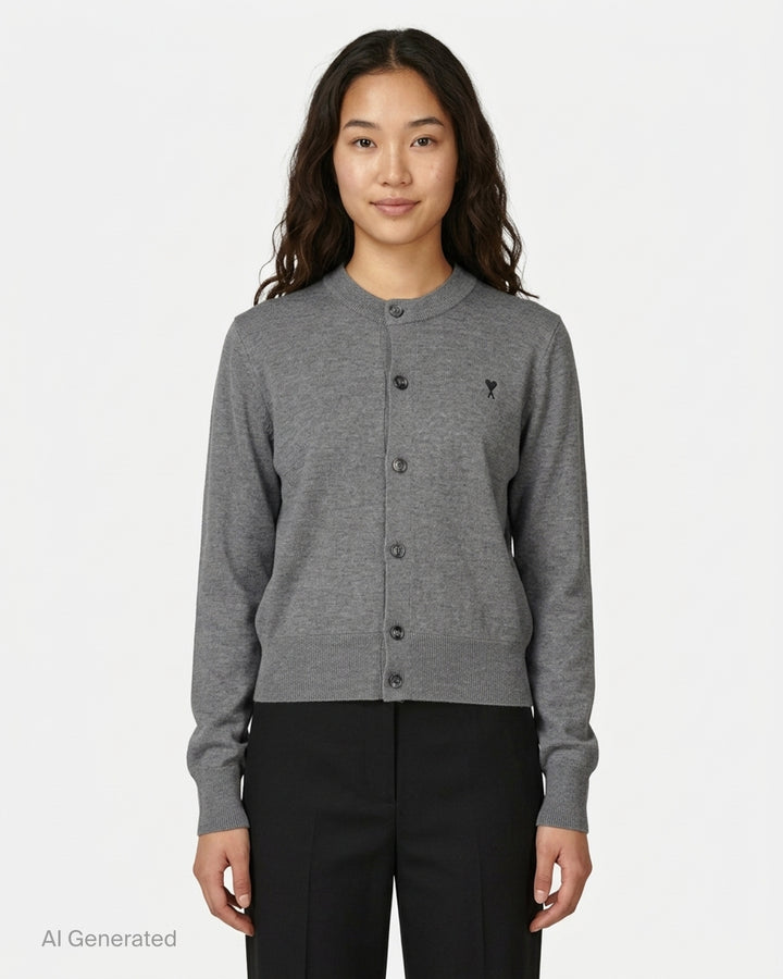 AMI Quota crewneck cardigan in deep forest green with black buttons, ribbed hem and cuffs, and a tonal embroidered heart logo on the chest - front