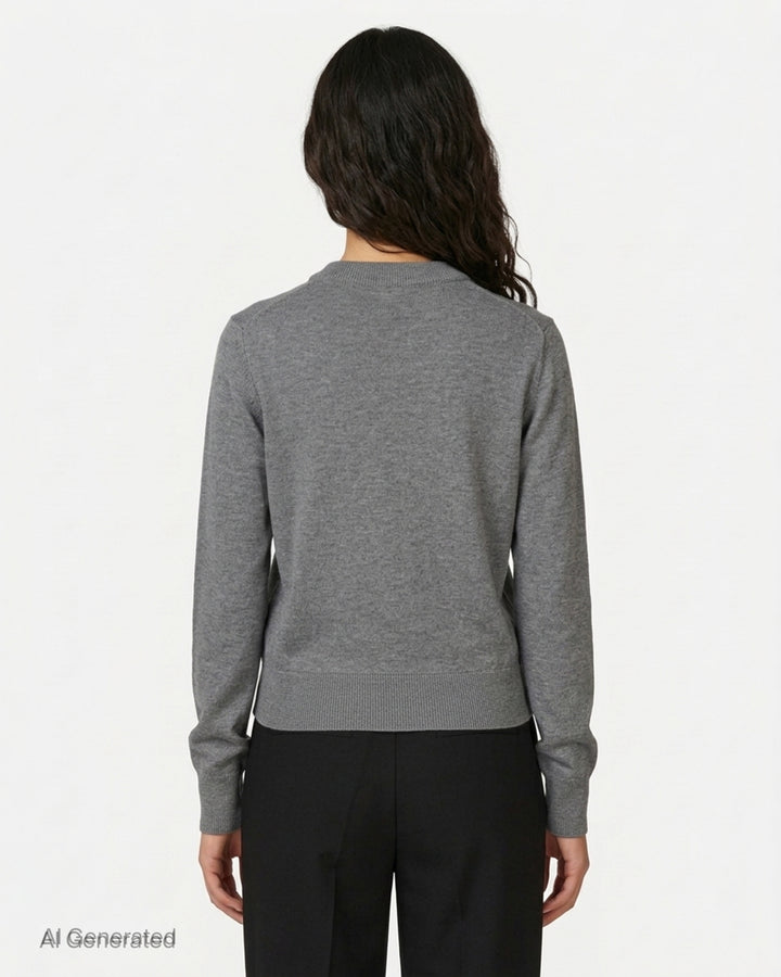 AMI Quota crewneck cardigan in deep forest green with black buttons, ribbed hem and cuffs, and a tonal embroidered heart logo on the chest - back