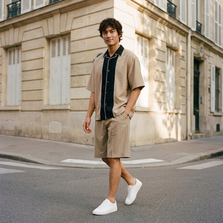 AMI Alexandre Mattiussi Shark Collar Boxy Short Sleeve Shirt in tan and black with contrast cream piping and button-through front, flat lay on white background - lifestyle