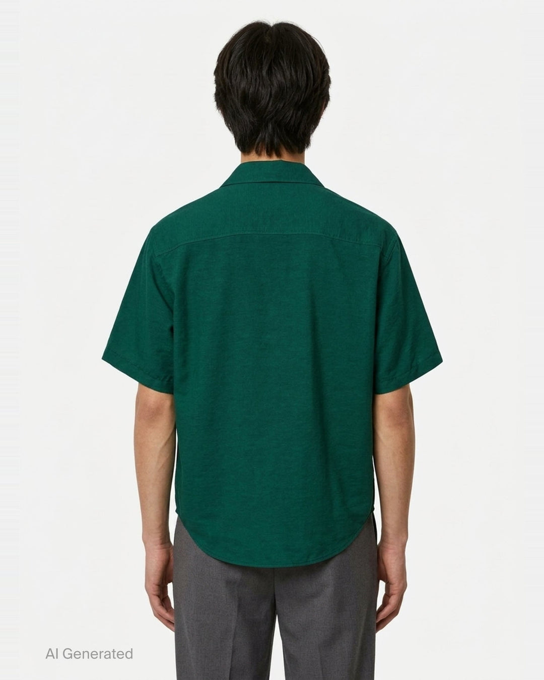 AMI Alexandre Mattiussi short sleeve boxy shirt in beige with camp collar, white shell buttons, and tonal AMI script embroidery at the chest - back
