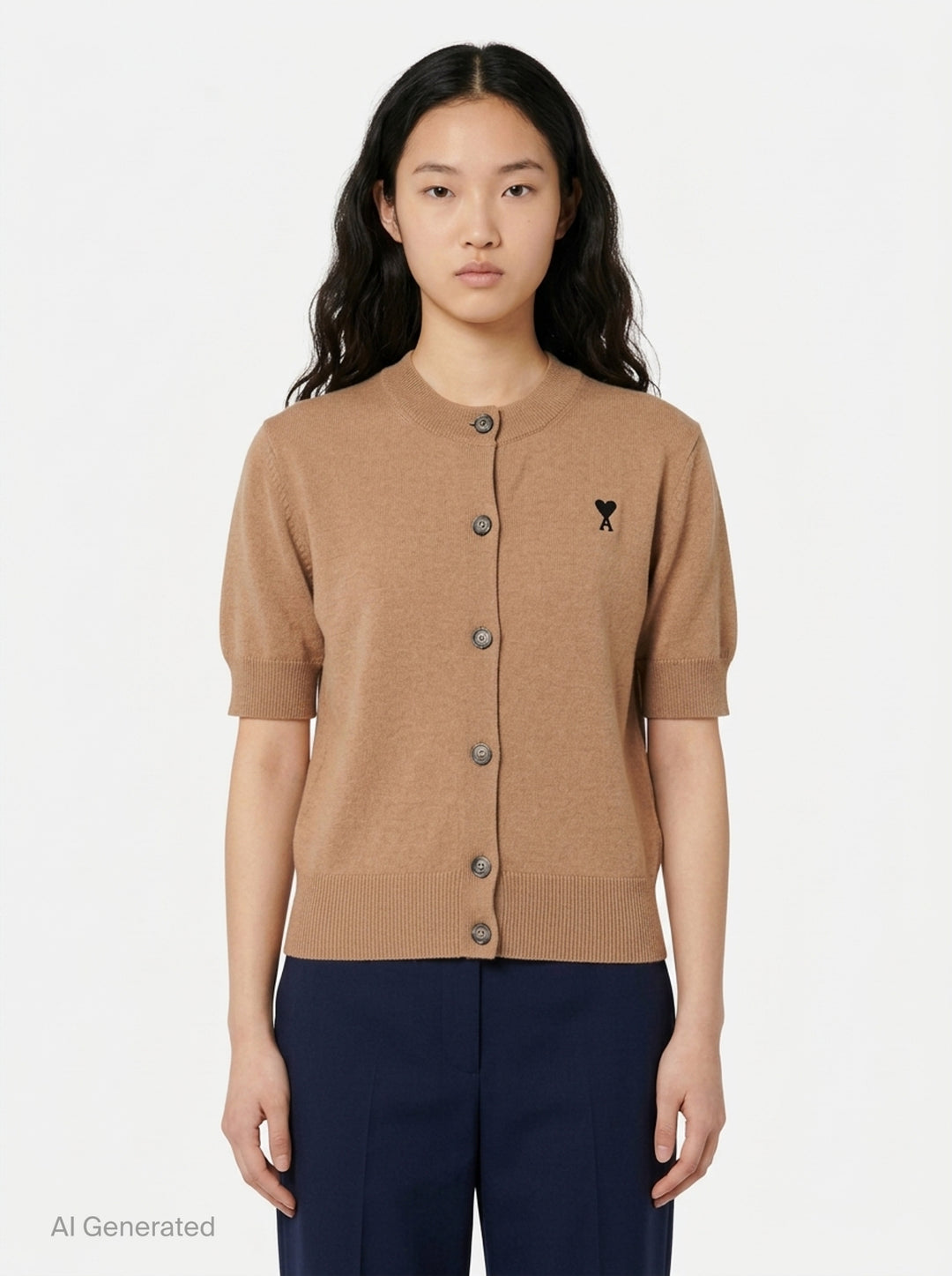 Ami Alexandre Matiussi short sleeve camel knit cardigan with button-through front, ribbed trims, and embroidered Ami de Cœur logo on the chest - front