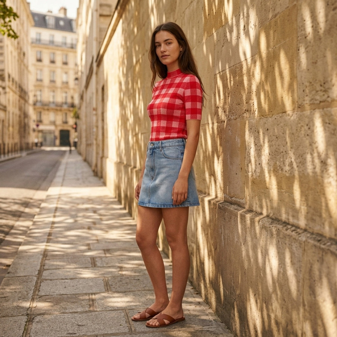 Short Sleeve Gingham Knit Sweater | AMI | Club21 - lifestyle