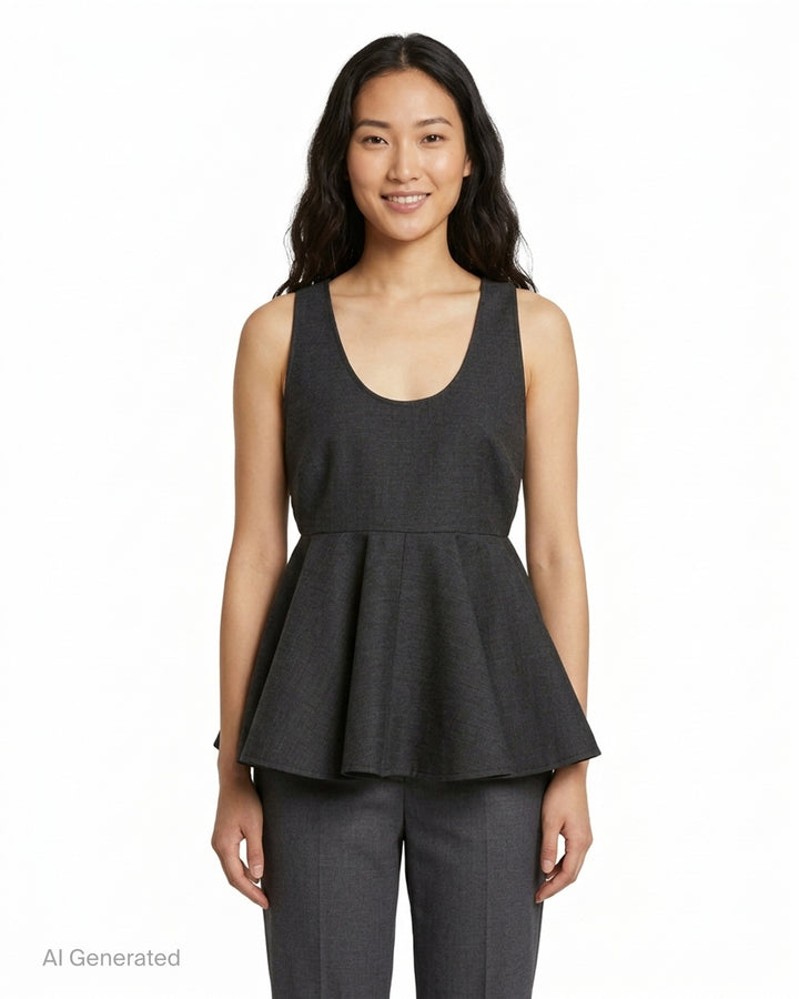 AMI sleeveless peplum top in charcoal grey with a scoop neckline and flared, pleated peplum hem - front