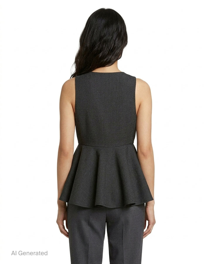 AMI sleeveless peplum top in charcoal grey with a scoop neckline and flared, pleated peplum hem - back