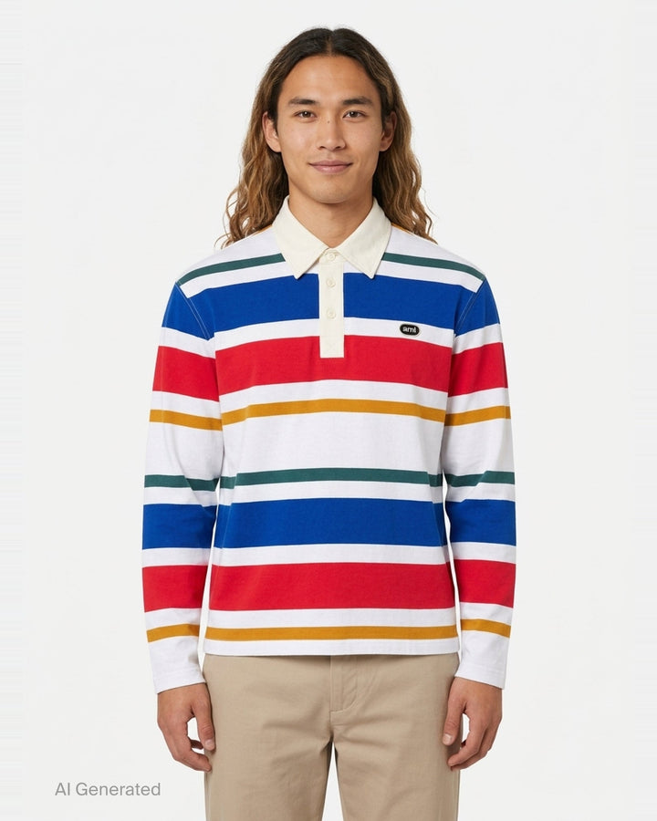AMI Alexandre Mattiussi striped long sleeve polo with cream collar, three-button placket, and bold horizontal stripes in red, white, blue, teal, and mustard with AMI logo badge at chest - front