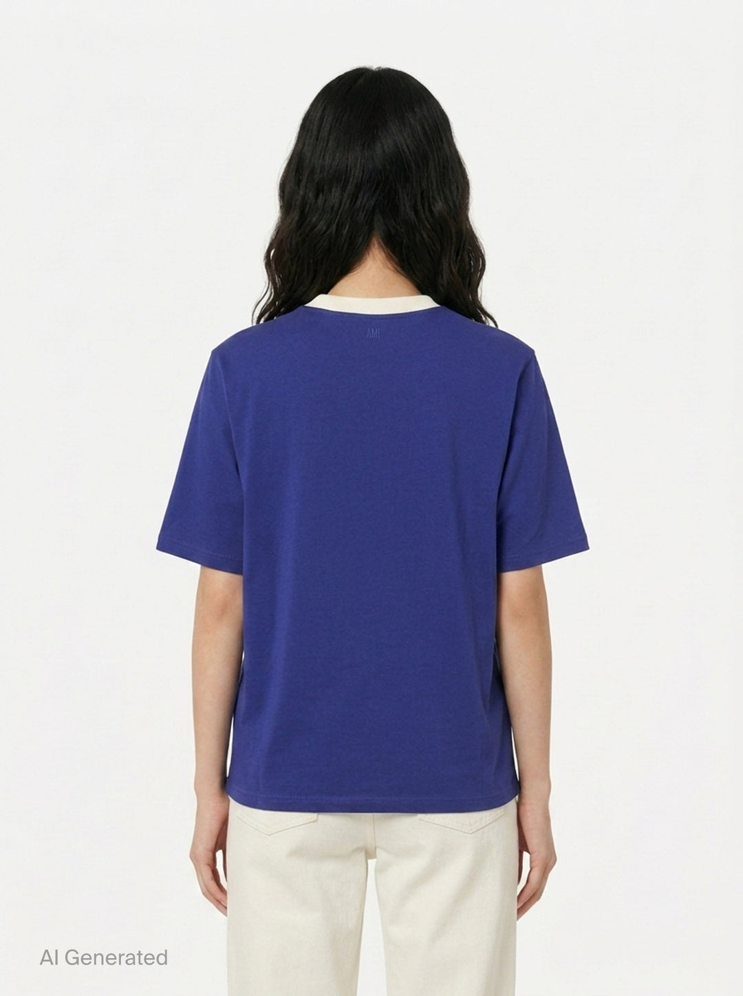 AMI royal blue cotton graphic T-shirt with 'Thank You For Being A Friend' slogan print in cream lettering, featuring a contrast cream ribbed crew neckline and AMI de Cœur logo at the hem - back
