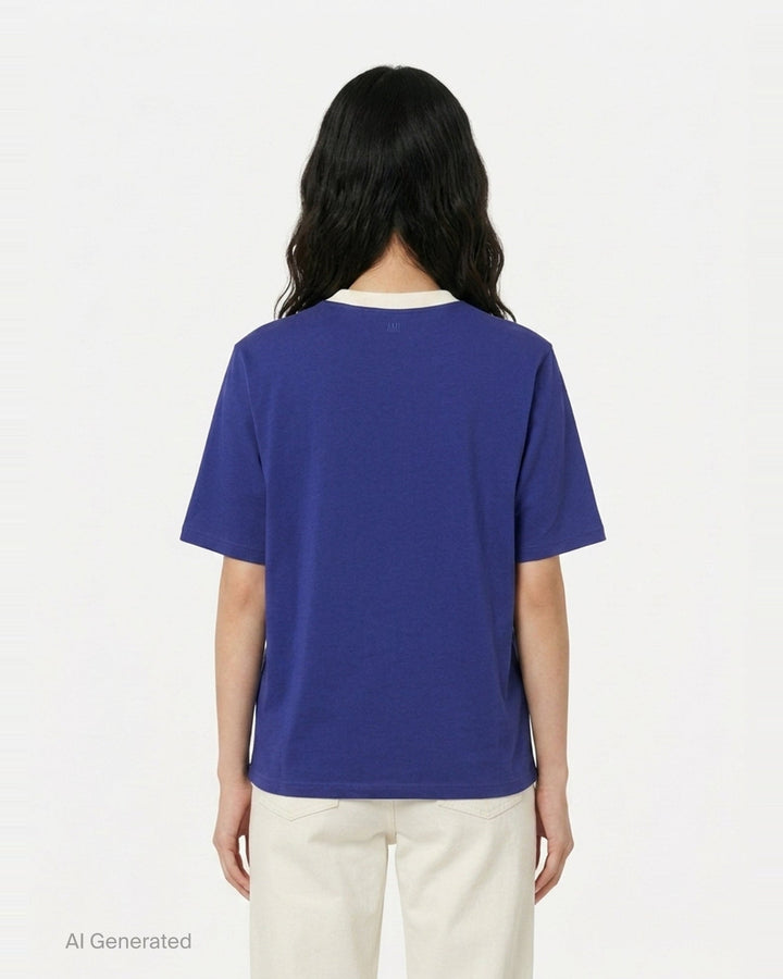 AMI royal blue cotton graphic T-shirt with 'Thank You For Being A Friend' slogan print in cream lettering, featuring a contrast cream ribbed crew neckline and AMI de Cœur logo at the hem - back