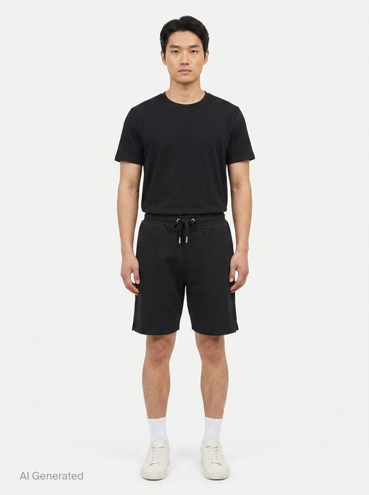 AMI Tonal Emboss Shorts in taupe cotton fleece with drawstring waistband, silver-tone aglets, and subtle logo emboss detail, laid flat on white background - front