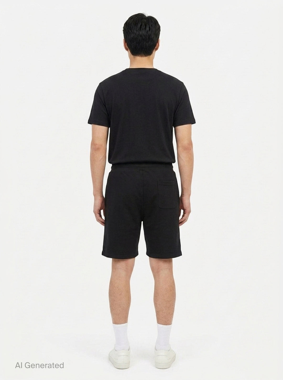 AMI Tonal Emboss Shorts in taupe cotton fleece with drawstring waistband, silver-tone aglets, and subtle logo emboss detail, laid flat on white background - back