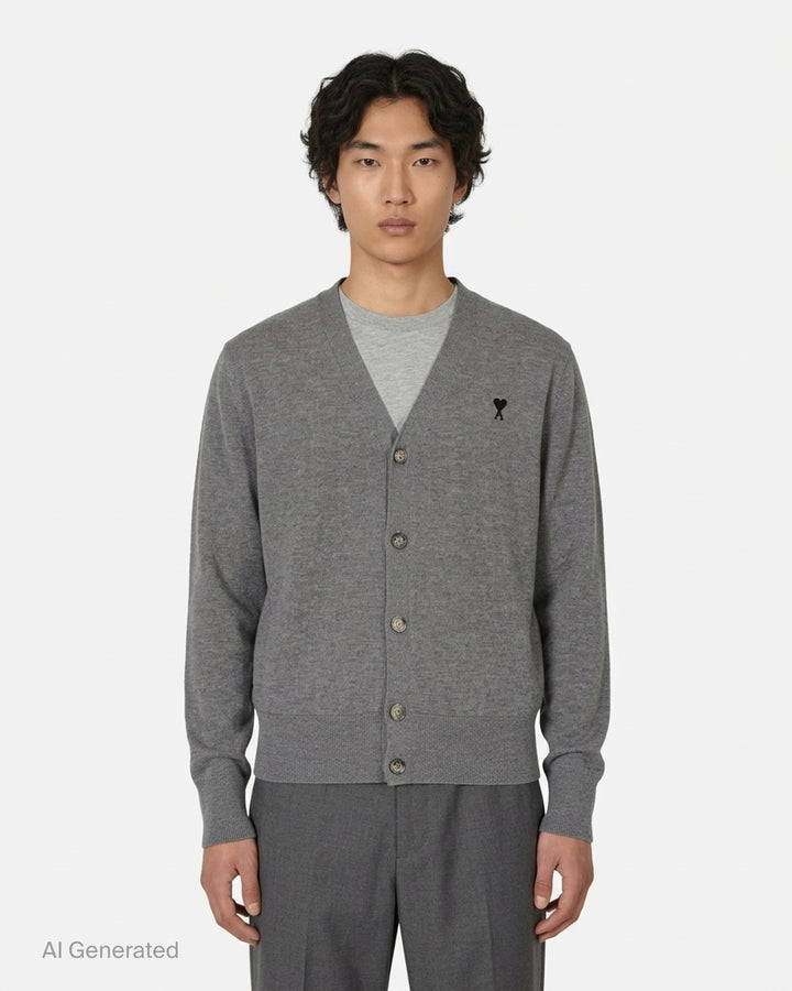 AMI Alexandre Matiussi camel V-neck cardigan with dark tonal button fastening and Ami de Cœur logo embroidery on the chest - front