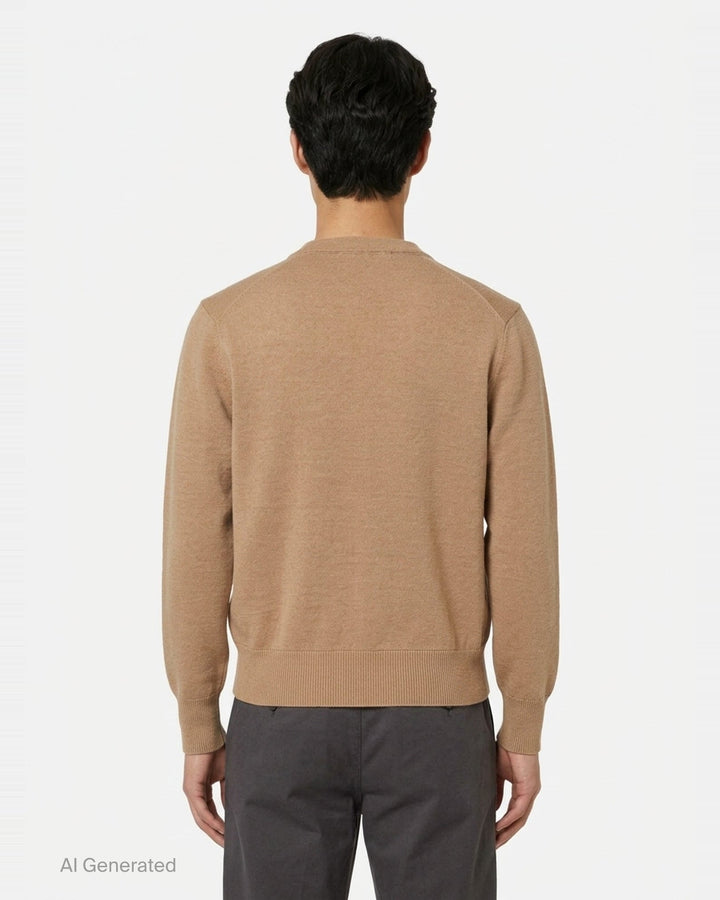 AMI Alexandre Matiussi camel V-neck cardigan with dark tonal button fastening and Ami de Cœur logo embroidery on the chest - back