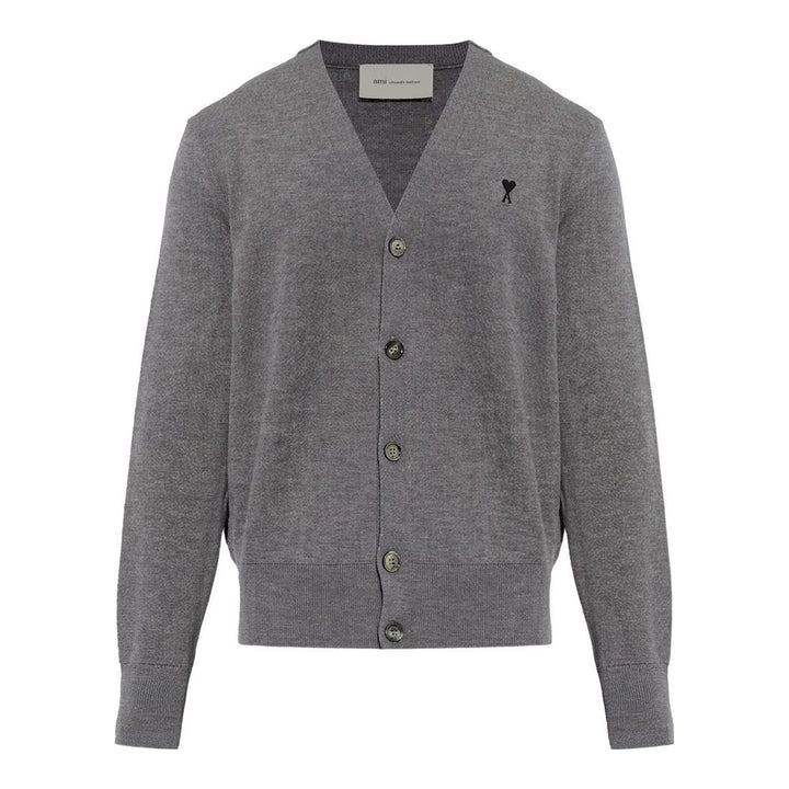 AMI Alexandre Matiussi camel V-neck cardigan with dark tonal button fastening and Ami de Cœur logo embroidery on the chest - packshot