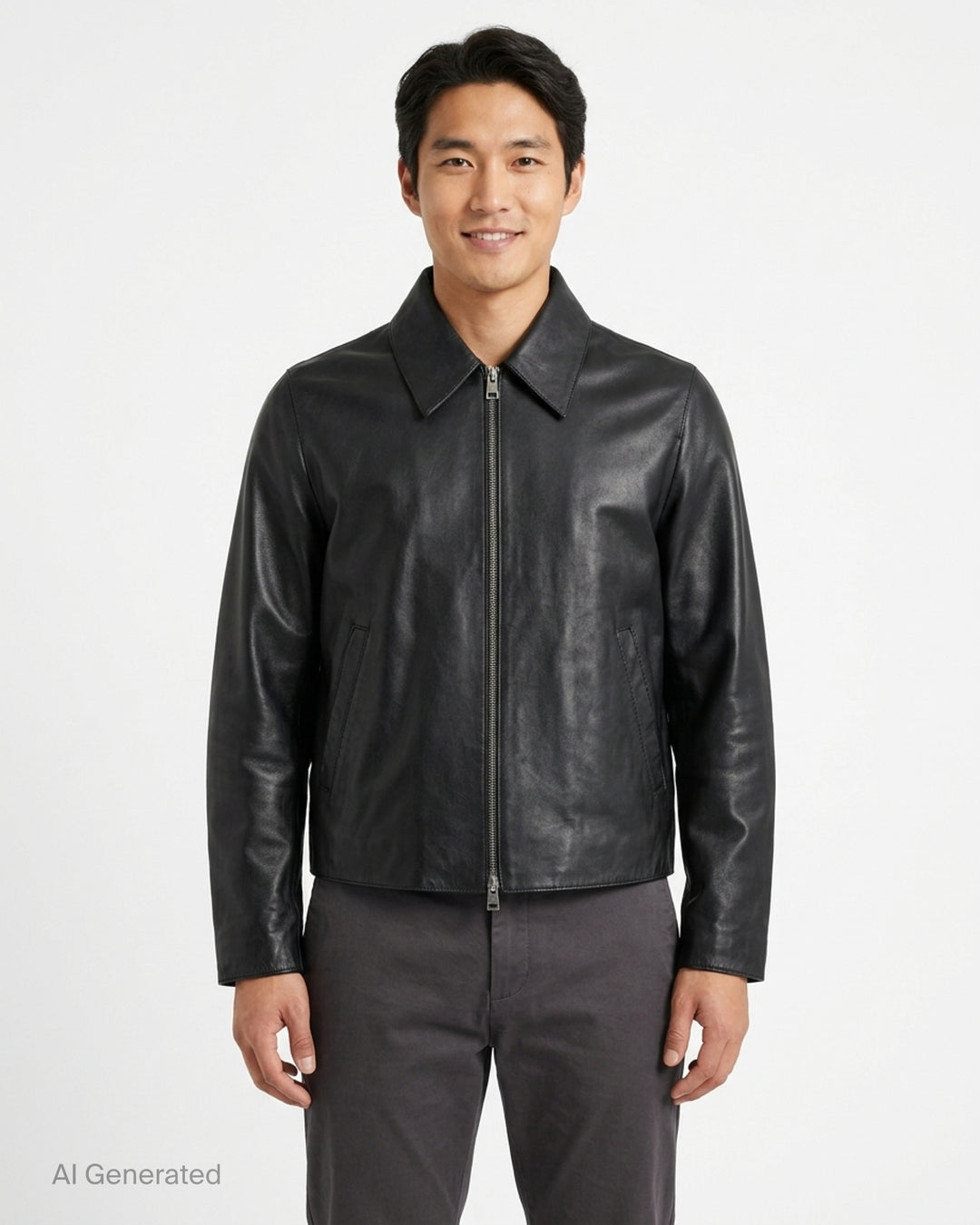 AMI black leather zipped jacket with pointed collar, dual-zip front closure and slanted welt pockets, shown from the front - front