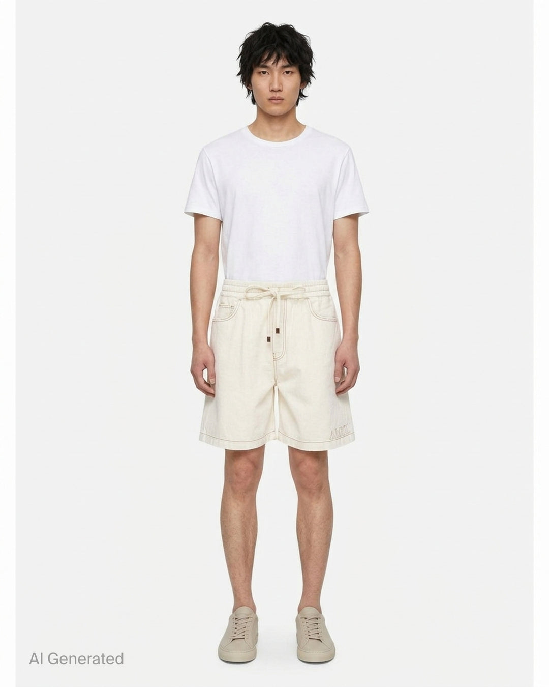 Amiri ecru drawstring denim shorts with contrast brown topstitching and embroidered logo at the hem - front