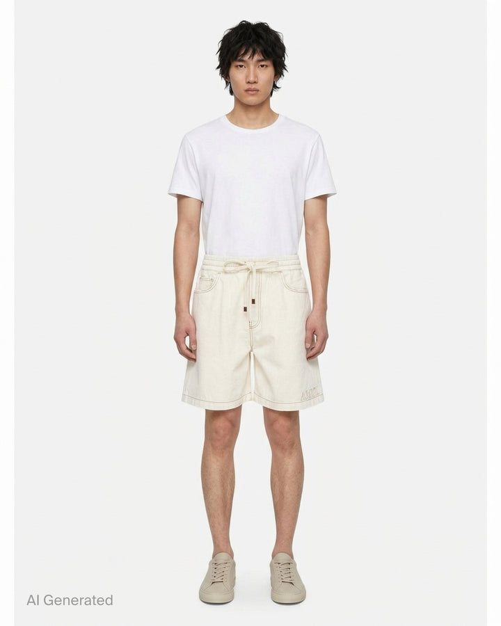 Amiri ecru drawstring denim shorts with contrast brown topstitching and embroidered logo at the hem - front
