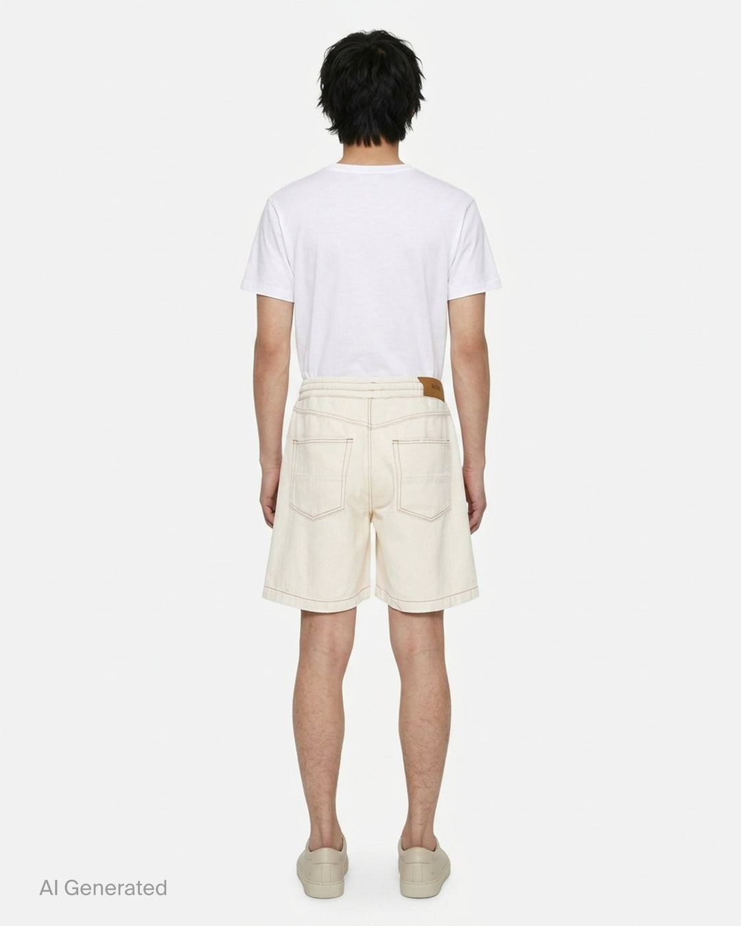 Amiri ecru drawstring denim shorts with contrast brown topstitching and embroidered logo at the hem - back