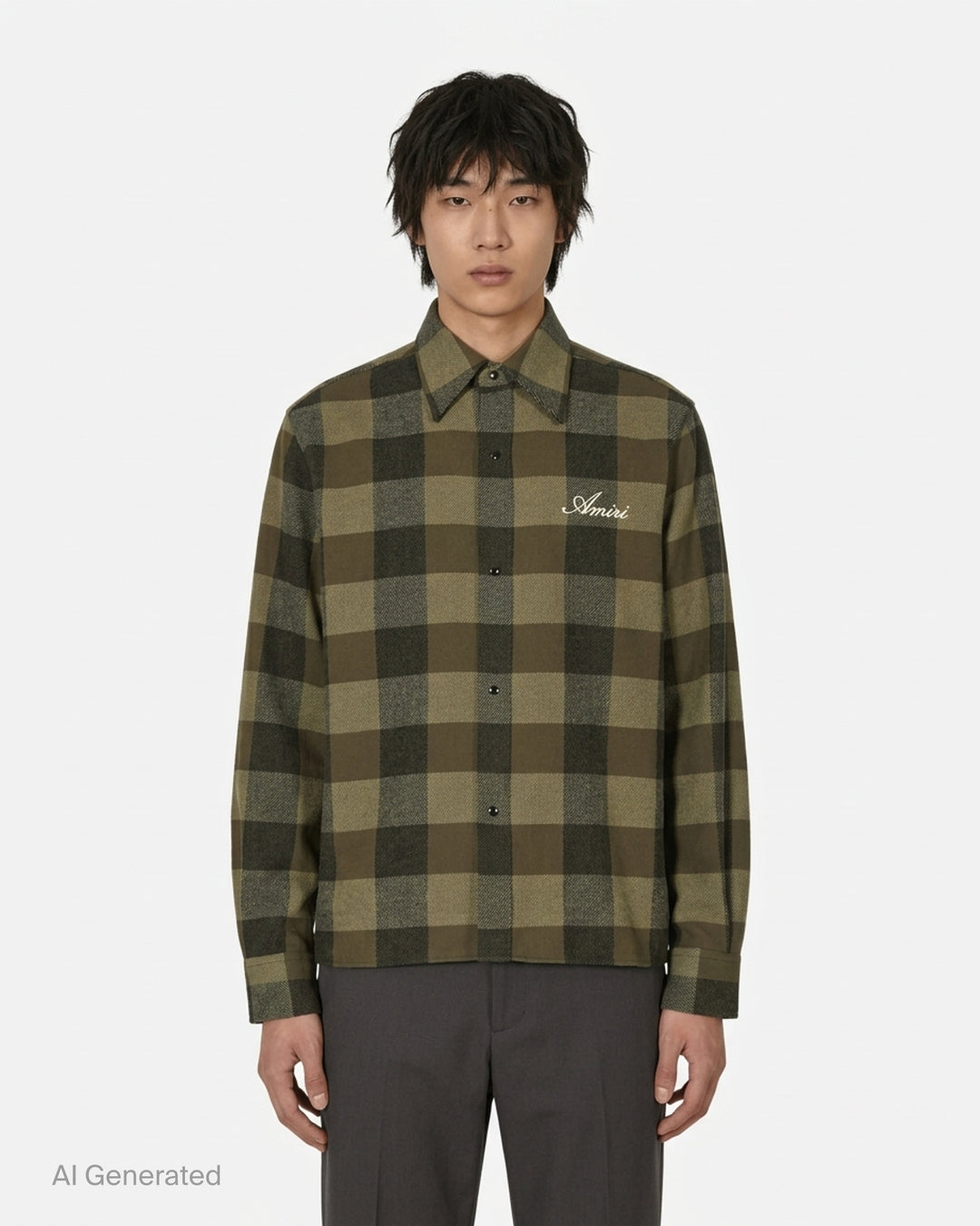 Amiri oversized heavy flannel shirt in olive and black buffalo check with snap-button front and embroidered script logo at the chest - front