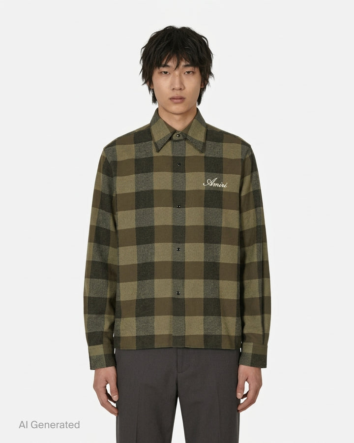 Amiri oversized heavy flannel shirt in olive and black buffalo check with snap-button front and embroidered script logo at the chest - front