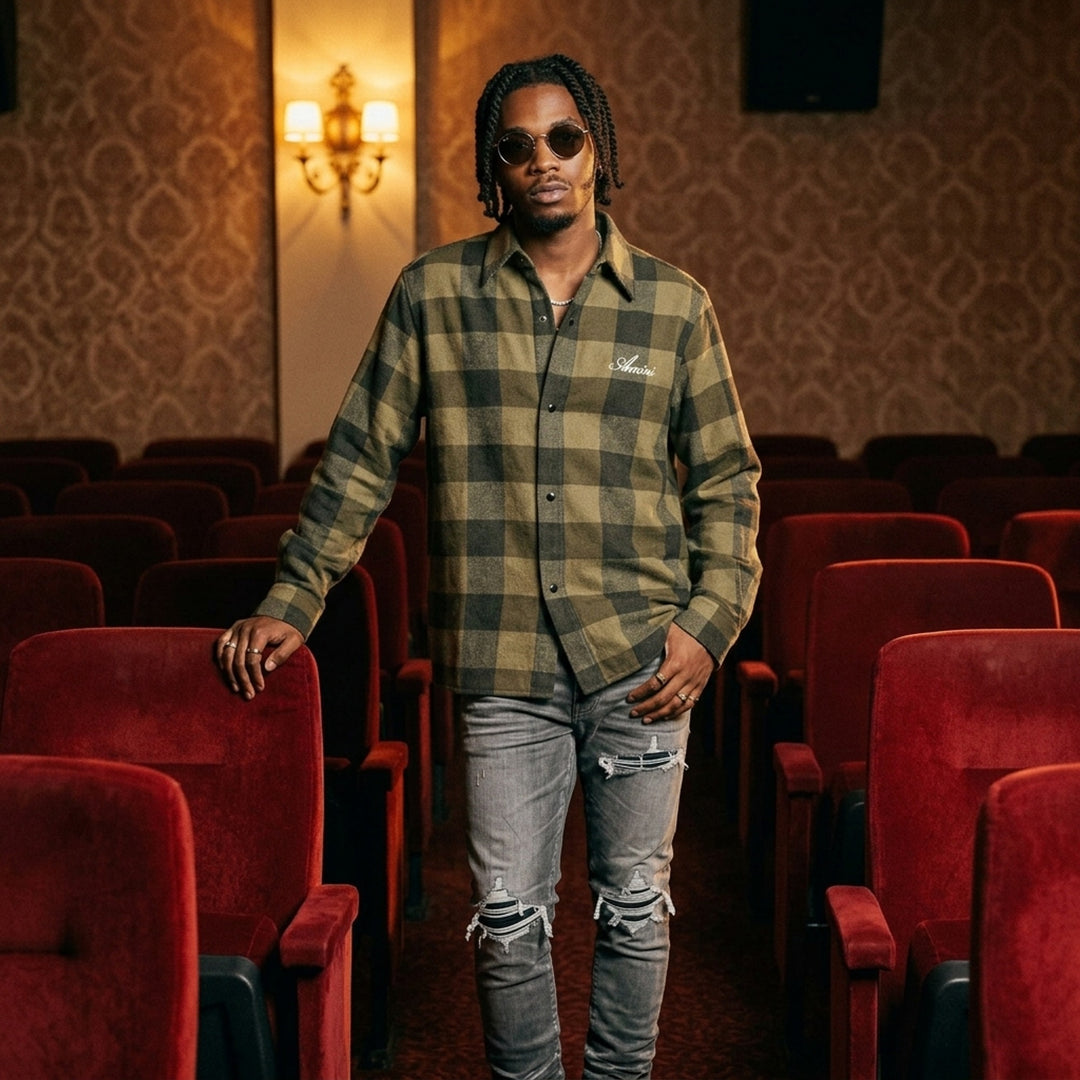 Amiri oversized heavy flannel shirt in olive and black buffalo check with snap-button front and embroidered script logo at the chest - lifestyle