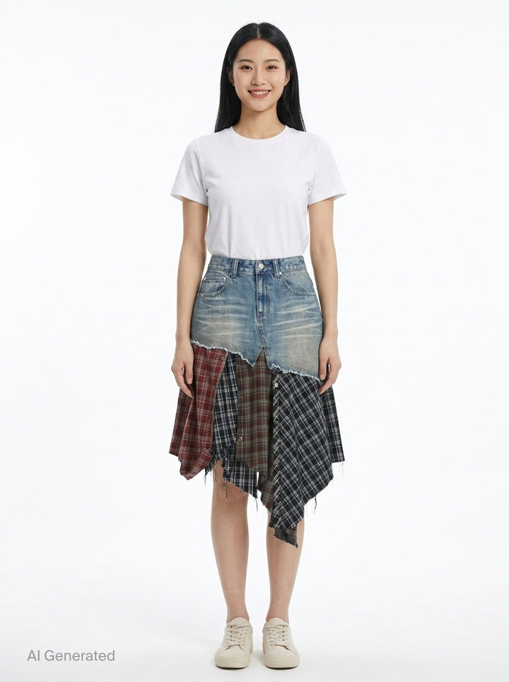 Denim Plaid Patchwork Skirt | Andersson Bell | Club21 - front