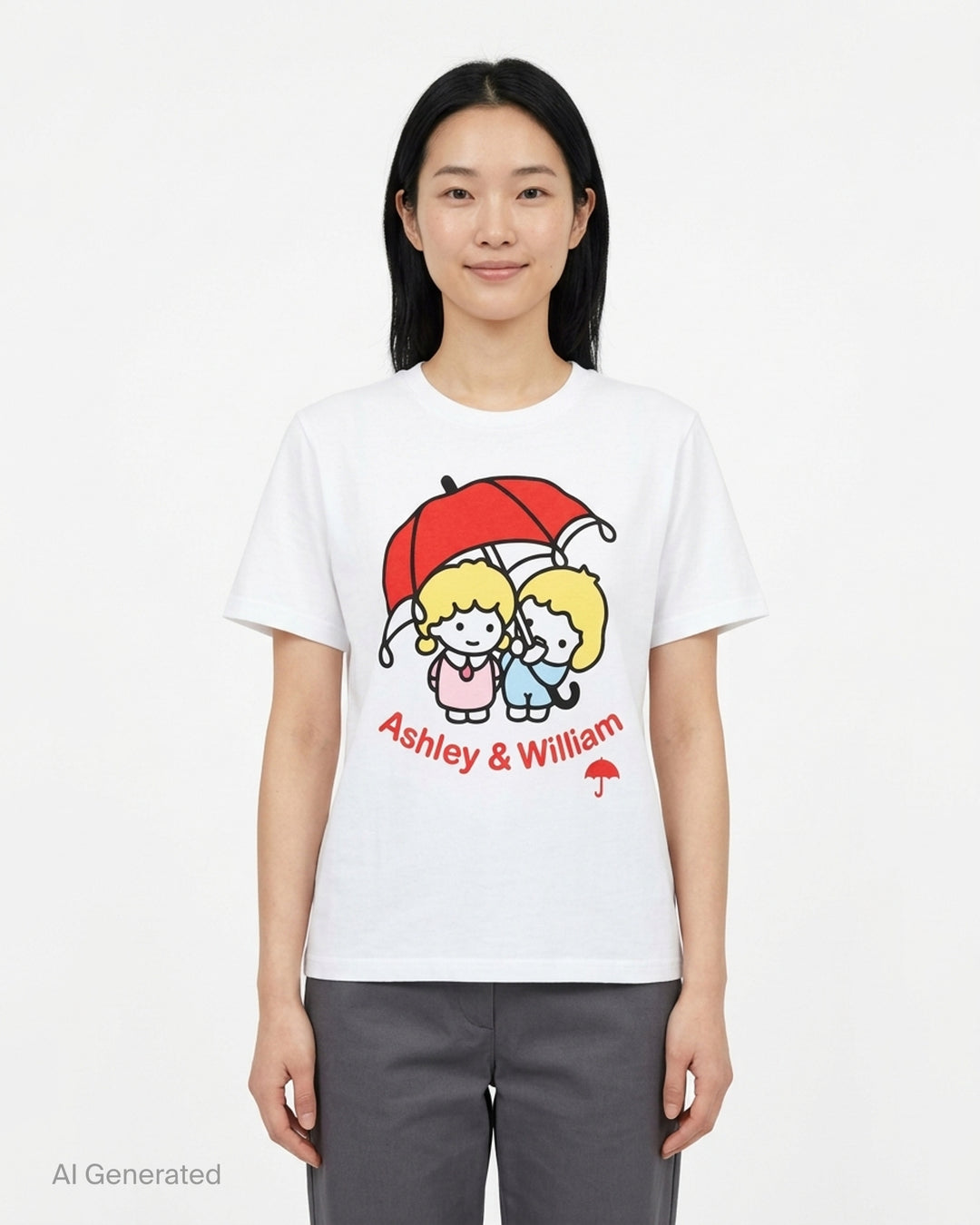 Ashley Williams white graphic tee featuring the Ashley & William cartoon characters — two blonde figures standing together under a red umbrella — with 'Ashley & William' printed in red text below - front