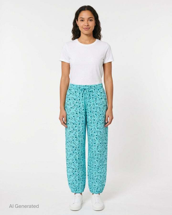Ashley Williams Bear Print Joggers in aqua blue with all-over teddy bear, heart, and diamond scatter print, elasticated drawstring waist, and tapered elasticated ankle cuffs - front