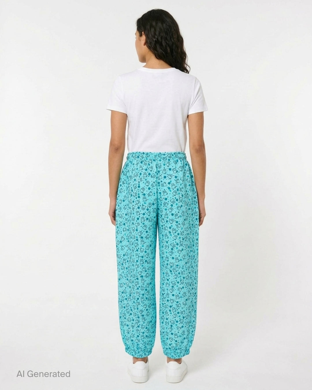Ashley Williams Bear Print Joggers in aqua blue with all-over teddy bear, heart, and diamond scatter print, elasticated drawstring waist, and tapered elasticated ankle cuffs - back