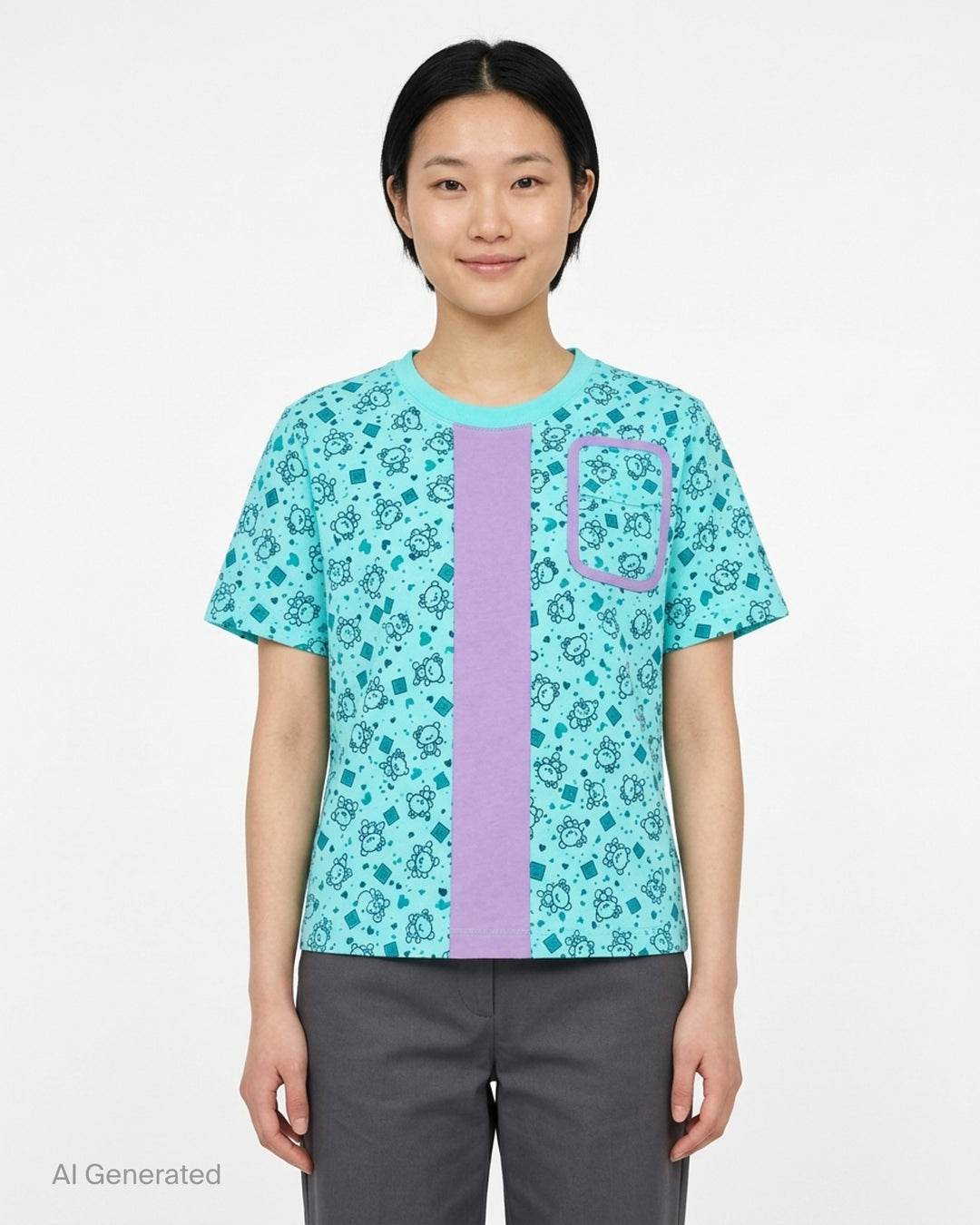 Ashley Williams Bear Window T-Shirt in aqua with all-over illustrated bear print, vertical purple centre stripe, contrast-trimmed chest patch pocket, and crew neckline - front