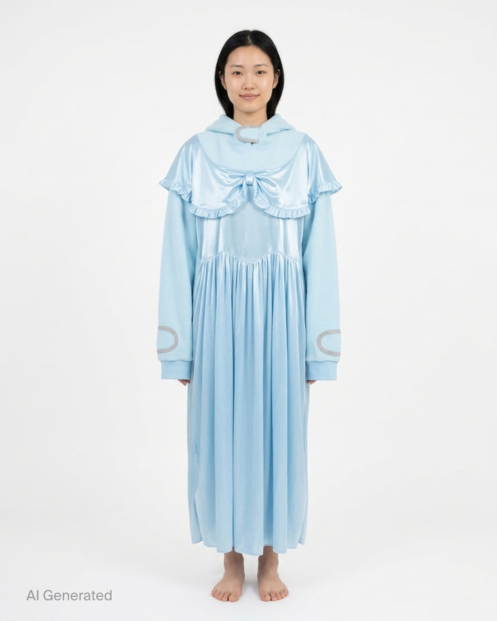 Ashley Williams ice-blue gown hoodie with satin bow capelet, ruffled trim, rhinestone sleeve appliqués, and flowing pleated satin skirt overlay, photographed flat on a white background - front