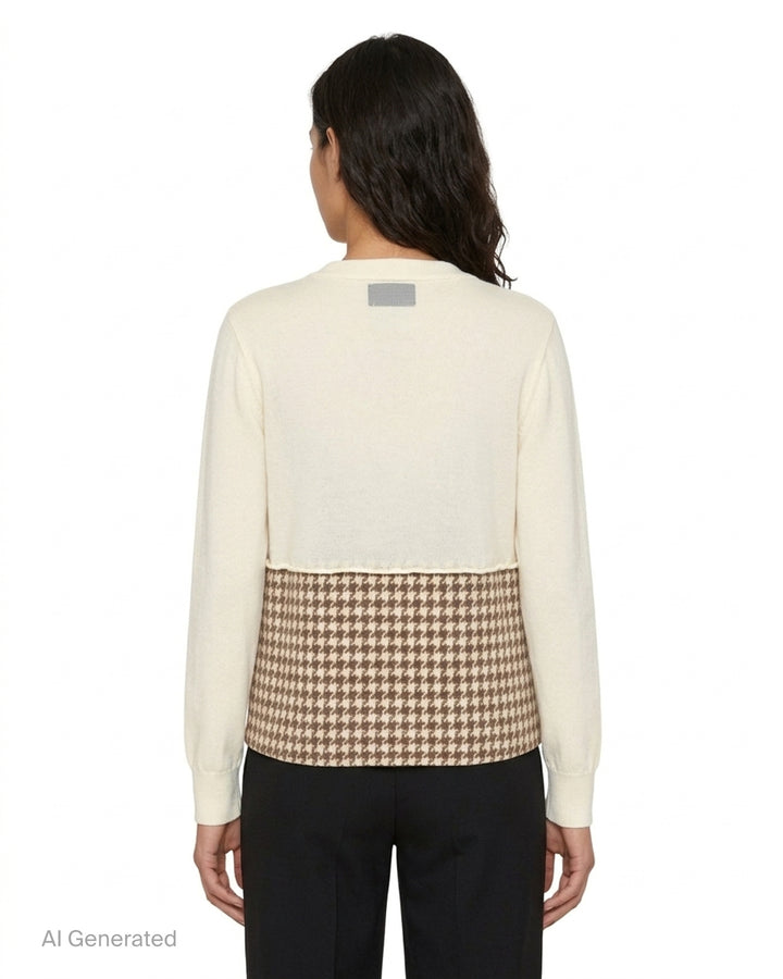 Ashley Williams cream cardigan jacket with two pink skull and crossbones motifs and a brown houndstooth blazer-style hem with flap pockets - back
