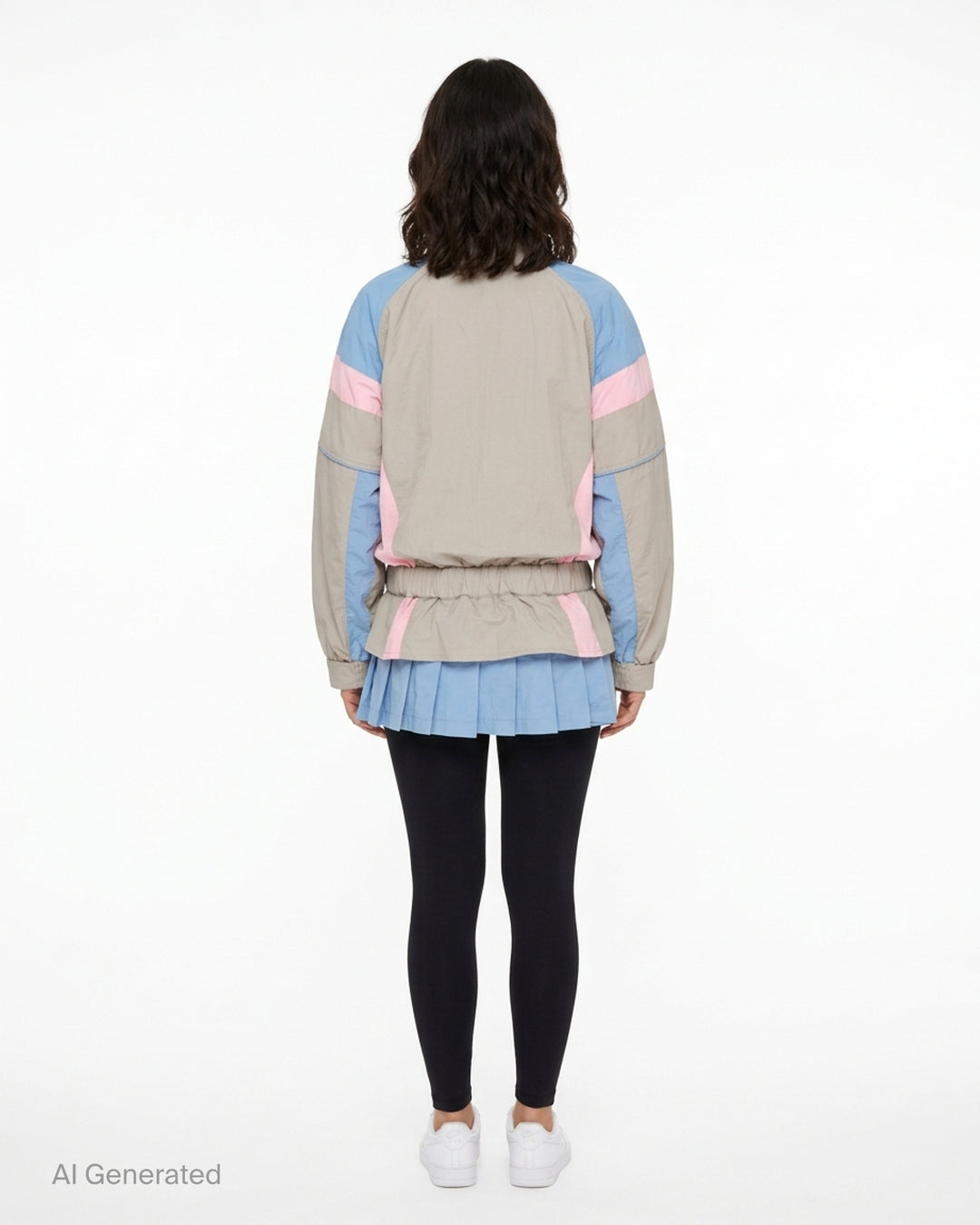 Ashley Williams grey windbreaker dress with sky blue and blush pink colourblock chevron panels, elasticated ruched waist, long sleeves with elasticated cuffs, and a pleated sky blue hem, photographed flat on a white background - back