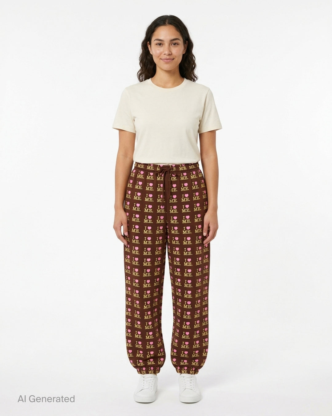 Ashley Williams Choco I Heart Me Joggers in dark brown with all-over pink and yellow 'I ♥ ME' repeat print, drawstring waistband and elasticated gathered cuffs - front