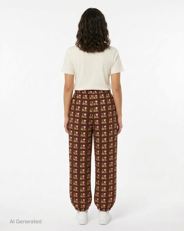 Ashley Williams Choco I Heart Me Joggers in dark brown with all-over pink and yellow 'I ♥ ME' repeat print, drawstring waistband and elasticated gathered cuffs - back