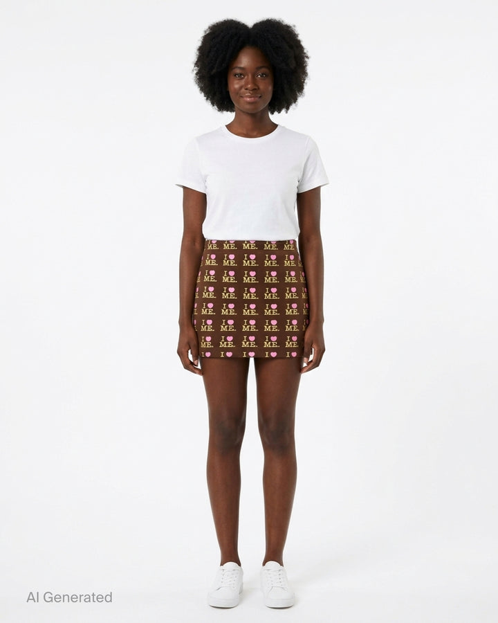 Ashley Williams Choco I Heart Me Mini Skirt in chocolate brown with all-over 'I ♥ ME' logo repeat print in yellow and pink, featuring a fitted A-line silhouette and structured waistband - front