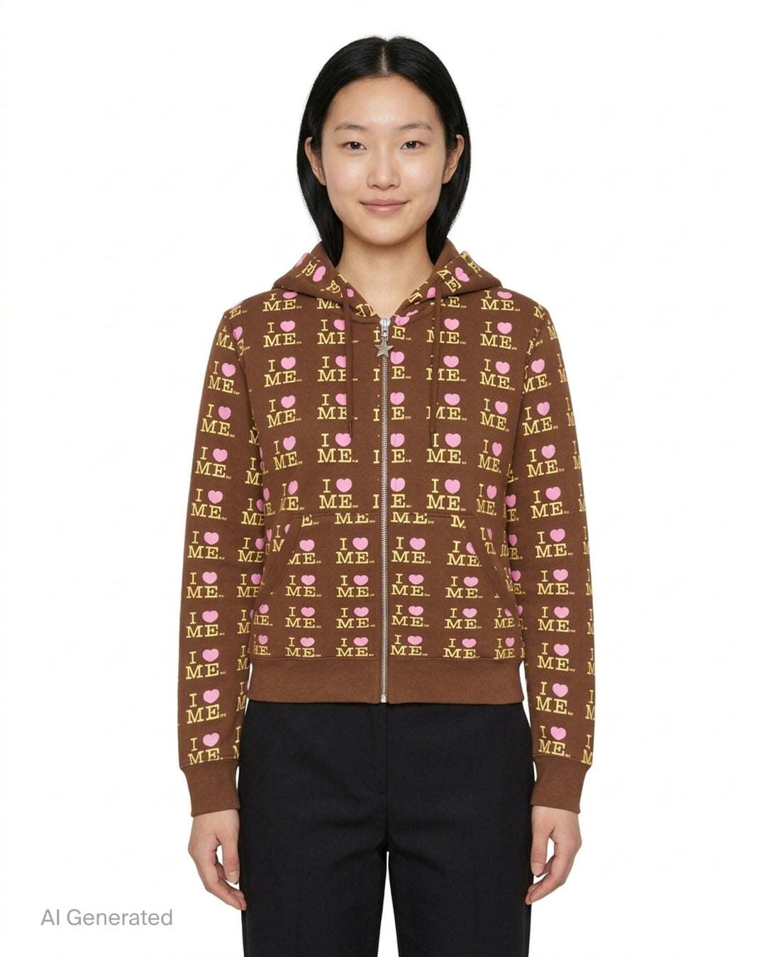 Ashley Williams chocolate brown zip-up hoodie with all-over 'I Heart Me' repeat print in yellow and pink, featuring a star-pull zip, drawstring hood, and cropped silhouette - front