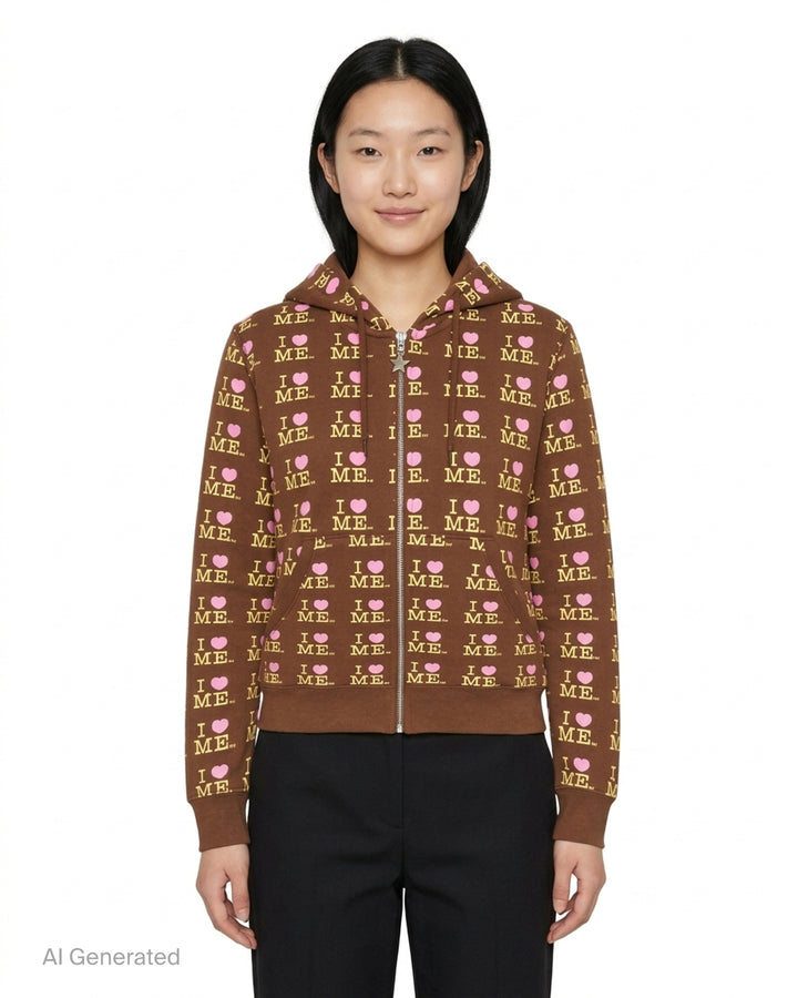 Ashley Williams chocolate brown zip-up hoodie with all-over 'I Heart Me' repeat print in yellow and pink, featuring a star-pull zip, drawstring hood, and cropped silhouette - front