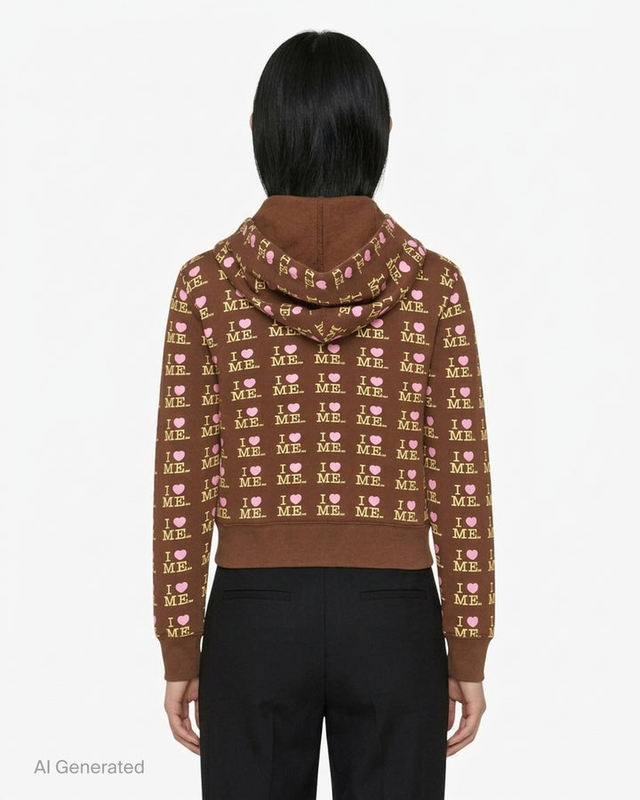 Ashley Williams chocolate brown zip-up hoodie with all-over 'I Heart Me' repeat print in yellow and pink, featuring a star-pull zip, drawstring hood, and cropped silhouette - back