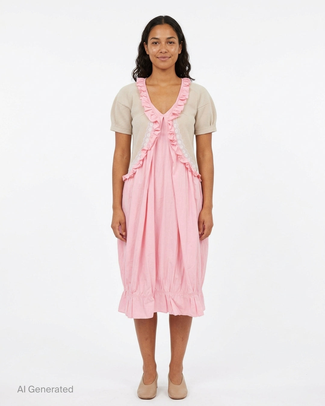Ashley Williams Pink Anneliese Dress with beige ribbed bodice, puff sleeves, ruffled V-neckline with white lace trim, and voluminous gathered pink skirt with ruffle hem - front