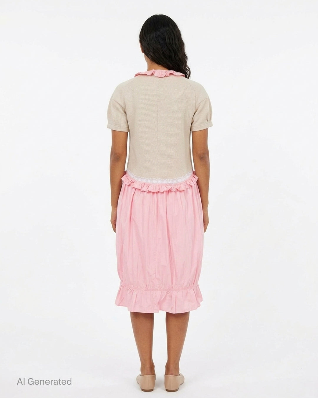 Ashley Williams Pink Anneliese Dress with beige ribbed bodice, puff sleeves, ruffled V-neckline with white lace trim, and voluminous gathered pink skirt with ruffle hem - back