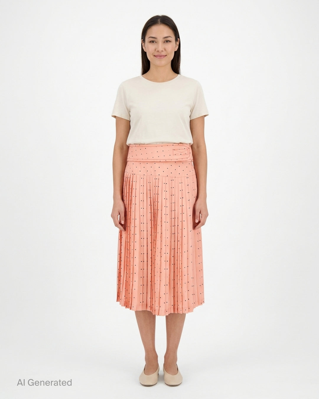Ashley Williams peach pleated midi skirt with navy polka dots and a padded fold-over belt waistband - front
