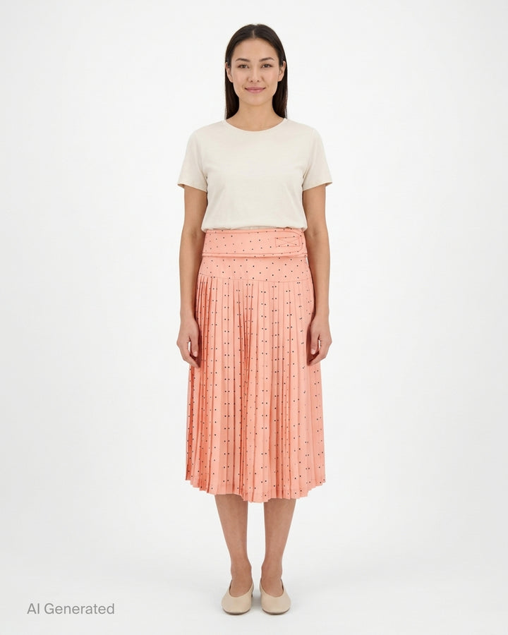 Ashley Williams peach pleated midi skirt with navy polka dots and a padded fold-over belt waistband - front